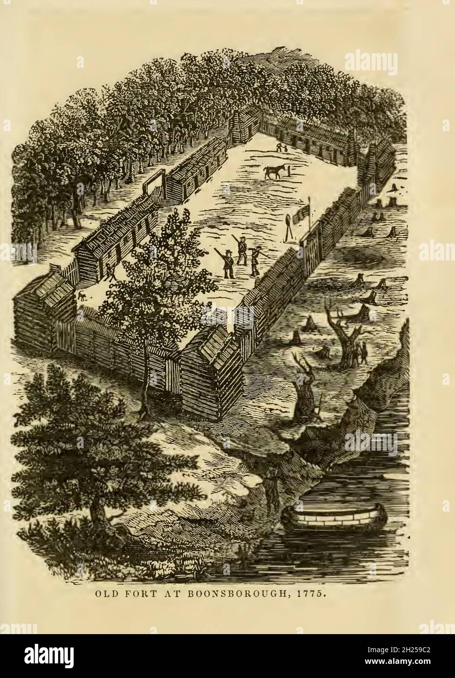 Old Fort at Boonsborough [Boonesborough], 1775 from the book ' Historical Sketches Of Kentucky (1847) ' ITS HISTORY, ANTIQUITIES, AND NATURAL CURIOSITIES, GEOGRAPHICAL, STATISTICAL, AND GEOLOGICAL DESCRIPTIONS. WITH ANECDOTES OF PIONEER LIFE By Lewis Collins. Published by Lewis Collins, Maysville, KY. and J. A. & U. P. James Cincinnati. in 1847 Stock Photo