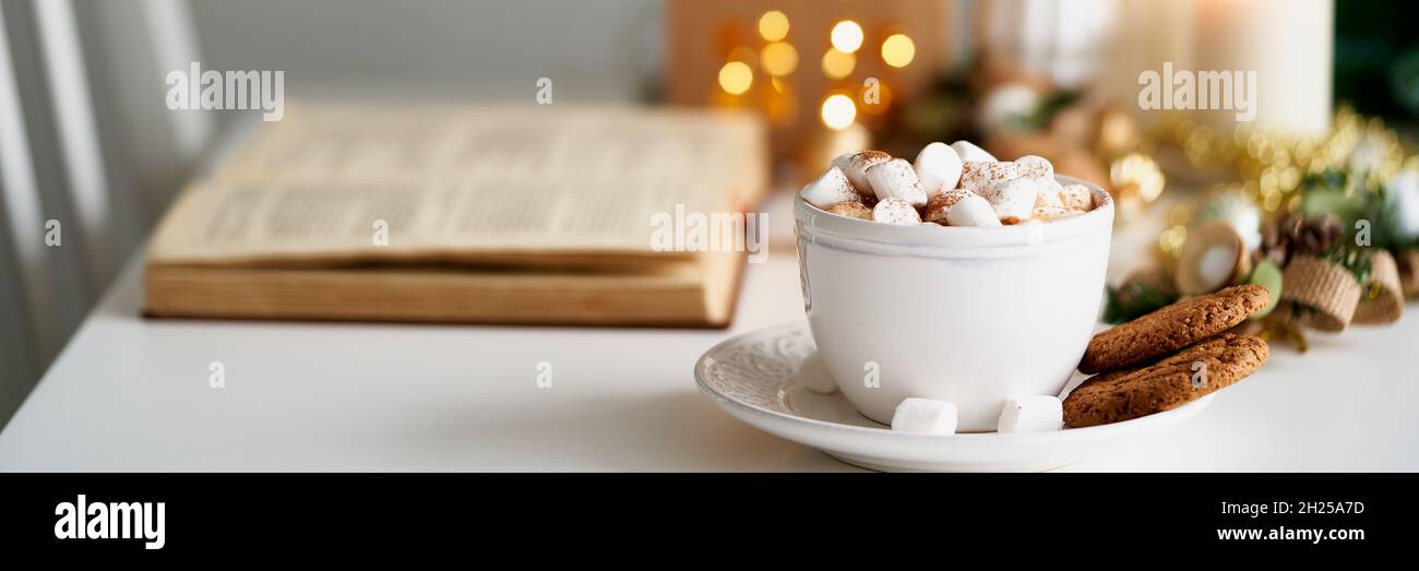 Christmas light gray background with copy space. Reading book on cozy