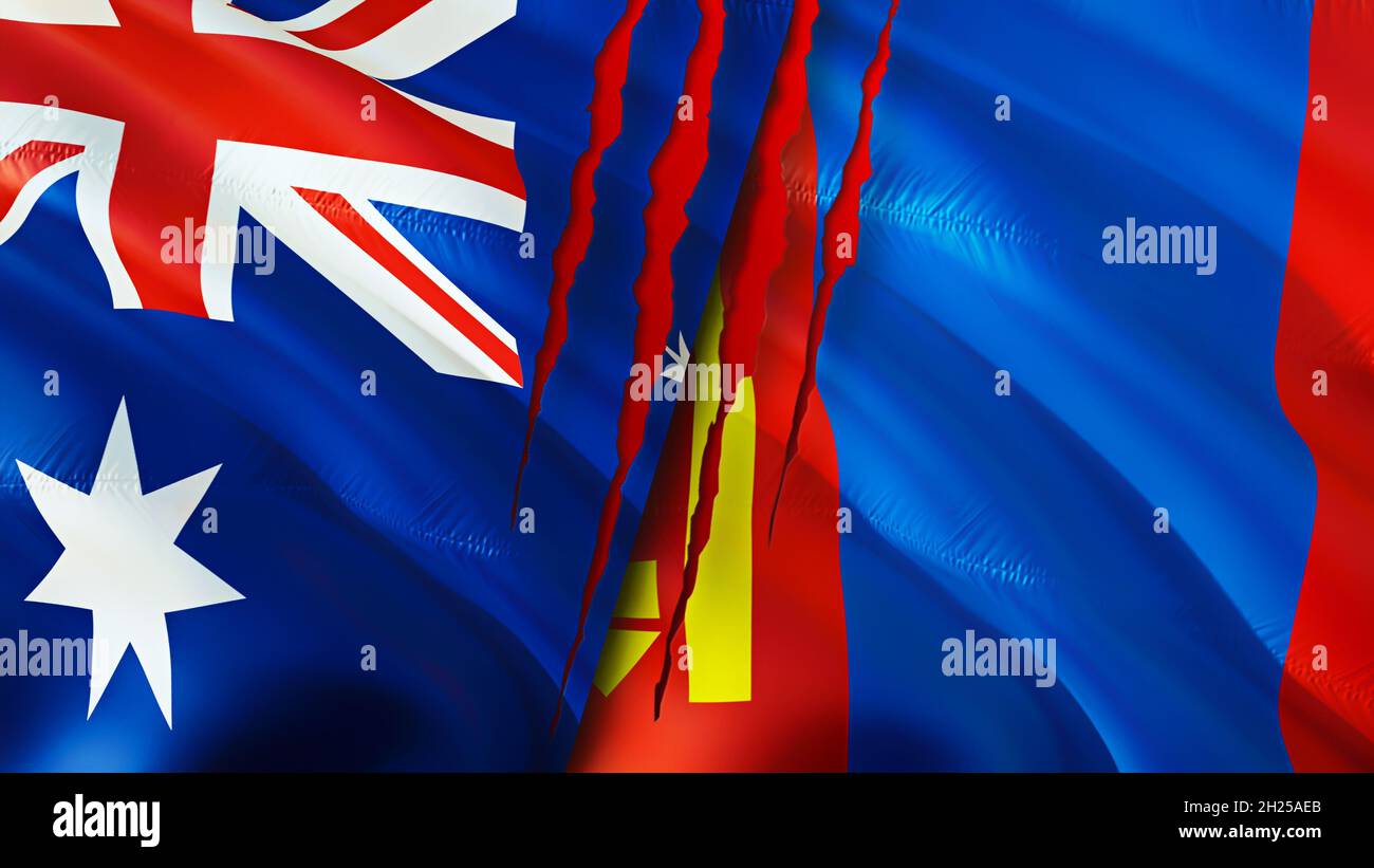 Australia and Mongolia flags with scar concept. Waving flag 3D