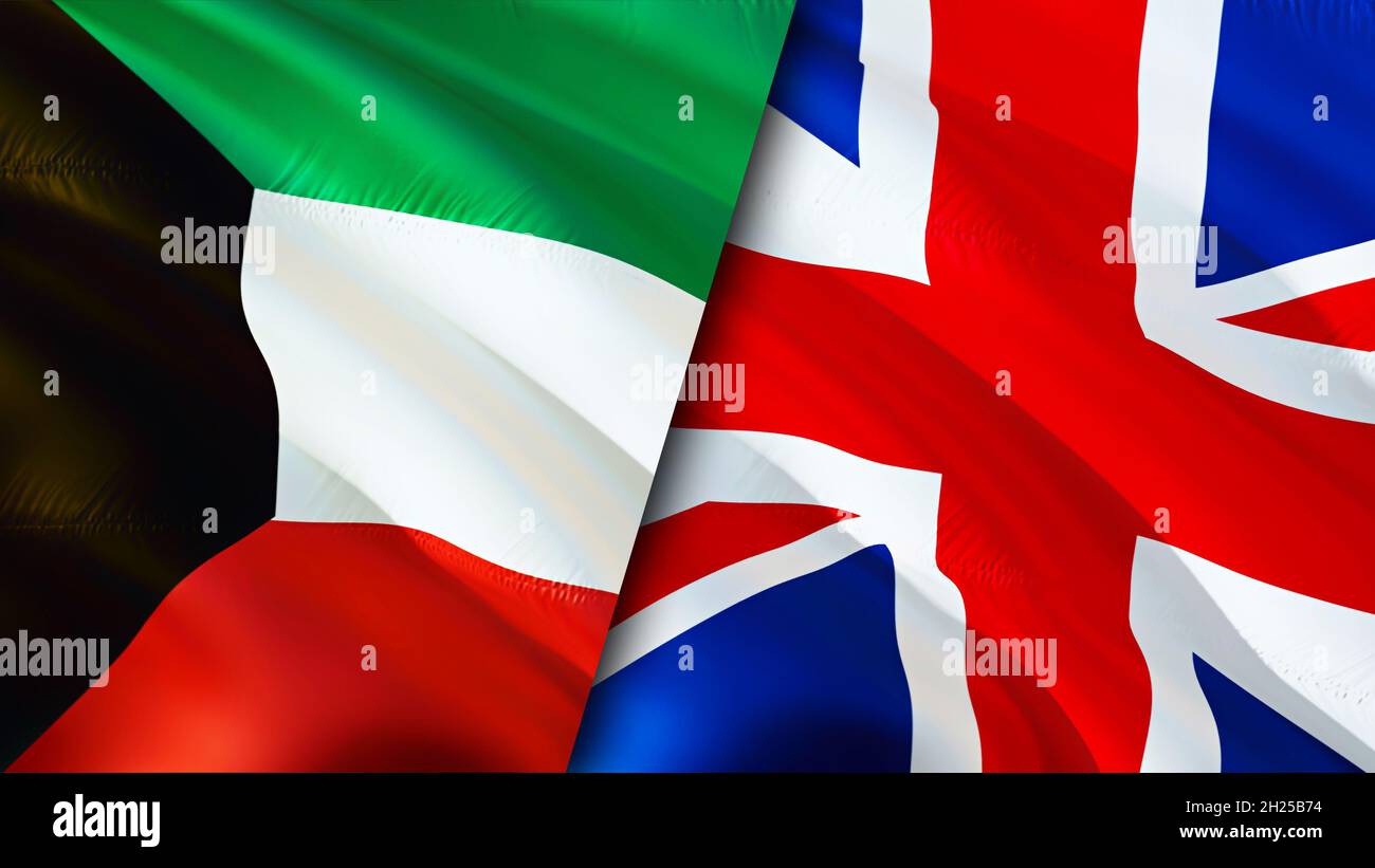 Kuwait and United Kingdom flags. 3D Waving flag design. United Kingdom