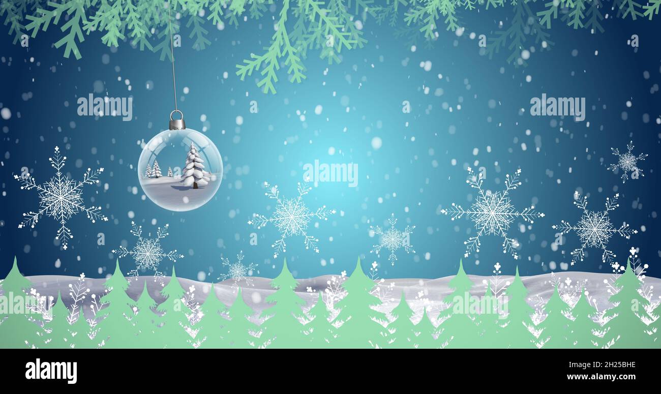 Image of snow falling over christmas symbols on blue background Stock ...