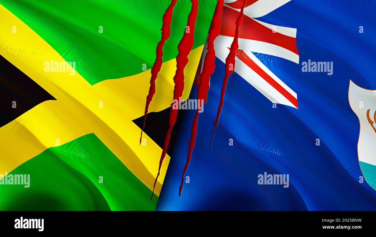 Jamaica and Anguilla flags with scar concept. Waving flag,3D rendering. Jamaica and Anguilla