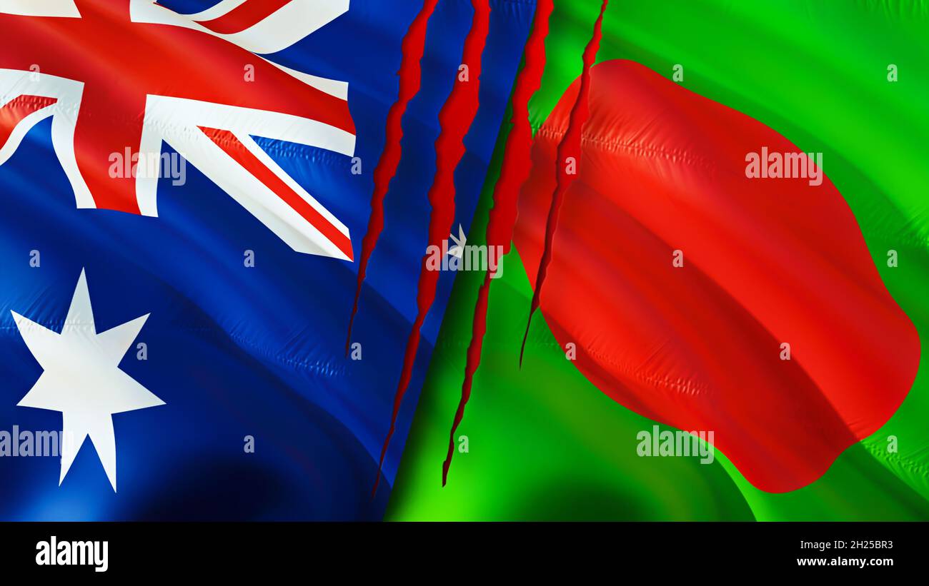 Australia and Bangladesh flags with scar concept. Waving flag 3D rendering. Australia and Bangladesh conflict concept. Australia Bangladesh relations Stock Photo