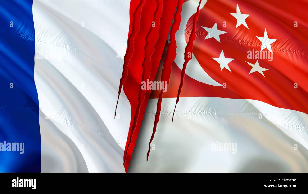 France and Singapore flags with scar concept. Waving flag,3D rendering