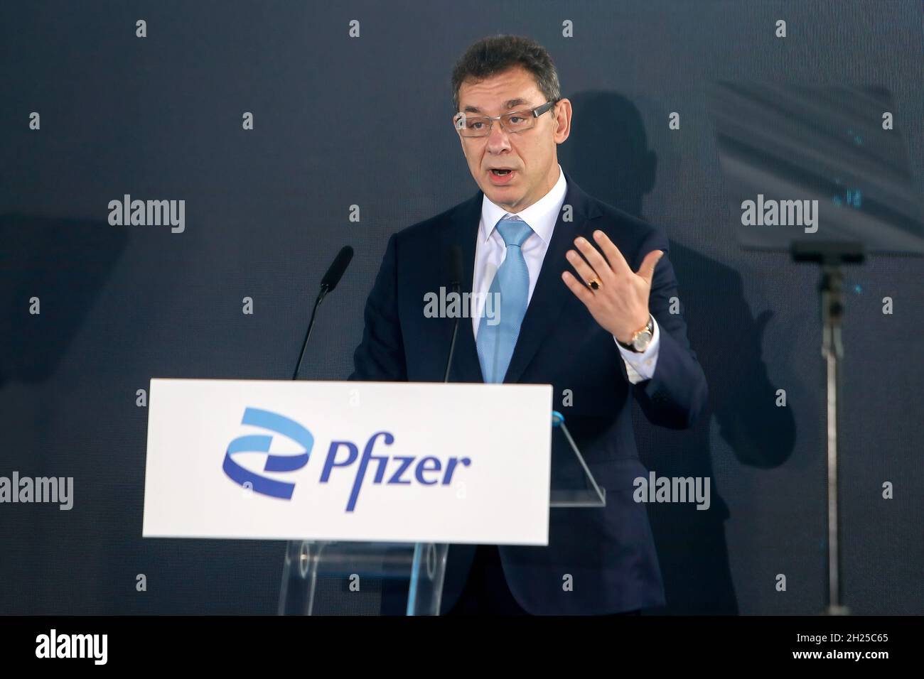 Thessaloniki, Greece,12 October 2021: Pfizer CEO Albert Bourla during the opening ceremony of the company's new center for Digital Innovation and Busi Stock Photo