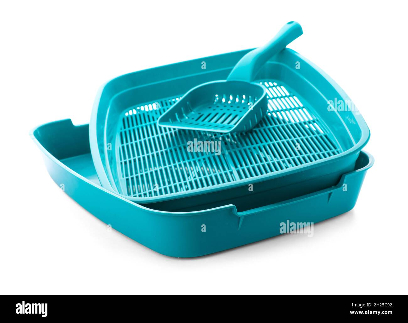 Litter tray and scoop for cat on white background. Pet accessories