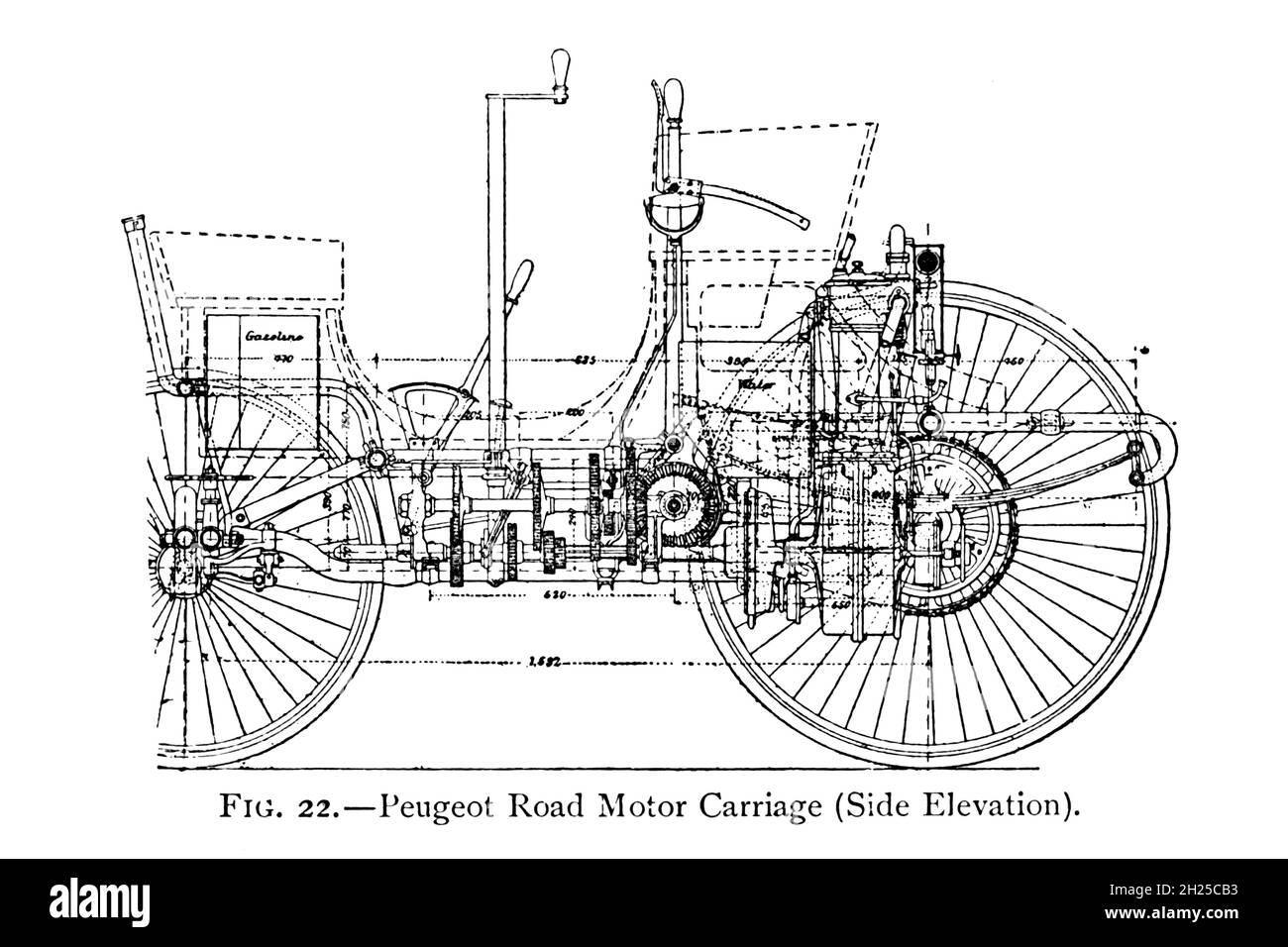 design of Peugeot Road Motor Carriage (Side Elevation) from the book ' Motor cars; or, Power carriages for common roads ' by Alexander James Wallis-Tayler,  Published in London, by Crosby Lockwood & son 1897. The Peugeot Type 2 is the first petrol/gasoline-powered motor vehicle produced between 1890 and 1891 by the French auto-maker Peugeot at their Valentigney plant. The car was presented just two years after Armand Peugeot had split away from the Peugeot family business in order to concentrate on cars, with a separate Peugeot Automobiles business. Stock Photo