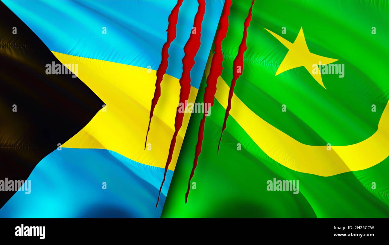 Bahamas and Mauritania flags with scar concept. Waving flag,3D