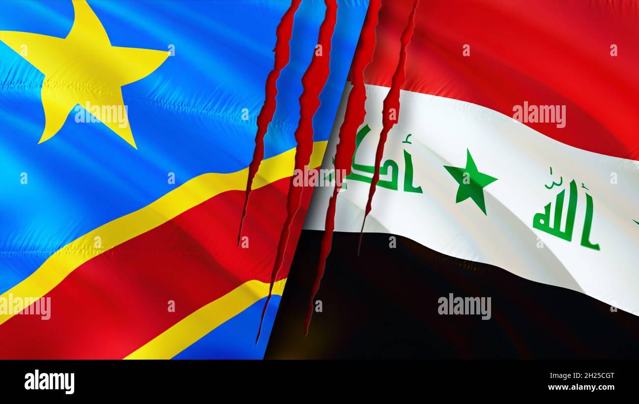DR Congo and Iraq flags with scar concept. Waving flag,3D rendering. Iraq and DR Congo conflict concept. DR Congo Iraq relations concept. flag of DR C Stock Photo