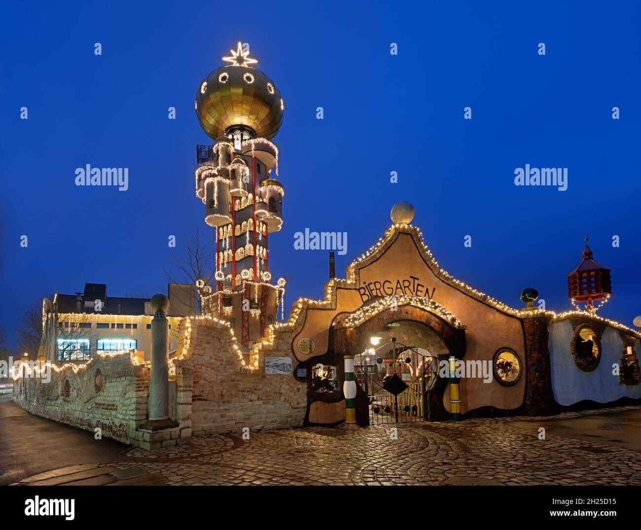 Kuchlbauers Beer World with Christmas illuminations and loads of shining decoration merchandise. Stock Photo