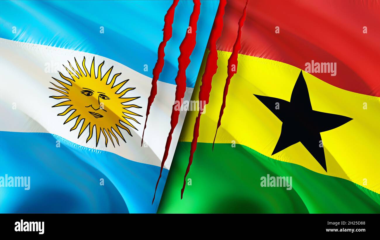 Argentina and Ghana flags with scar concept. Waving flag 3D rendering. Argentina and Ghana
