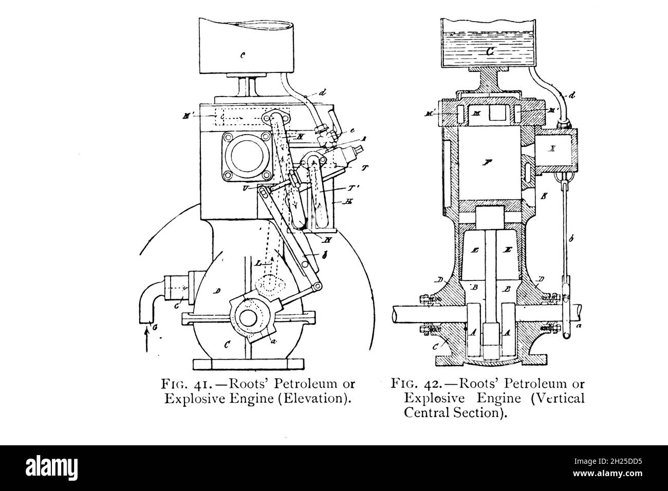 design of Roots' Petroleum or Explosive Engine [Elevation (Left) and Vertical Central Section (Right)] from the book ' Motor cars; or, Power carriages for common roads ' by Alexander James Wallis-Tayler,  Published in London, by Crosby Lockwood & son 1897. The Roots Blower Company was an American engineering company based in Connersville, Indiana. It was founded in 1859 by the inventors Philander Higley Roots and Francis Marion Roots. It is notable for the Roots blower, a type of pump. Today, Roots blowers are mainly used as air pumps in superchargers for internal combustion engines; they were Stock Photo