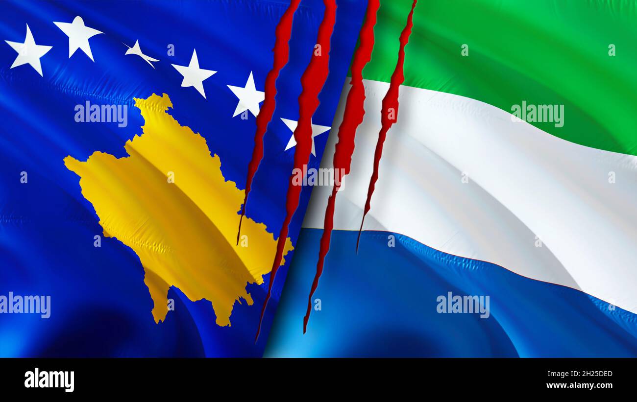 Kosovo and Sierra Leone flags with scar concept. Waving flag,3D