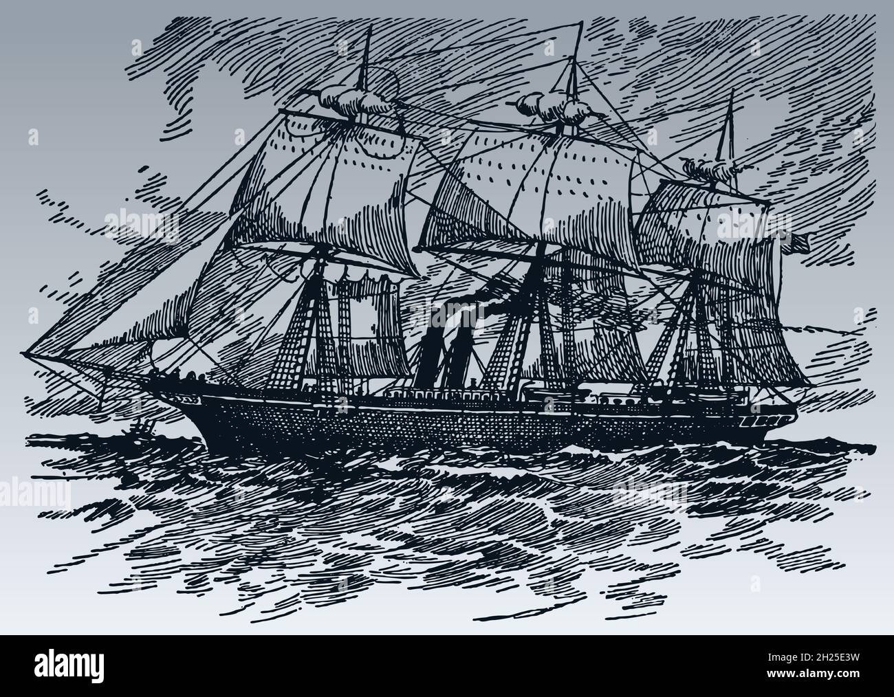 Screw propeller steamship under full sails on sea, after antique drawing from early 20c. Stock Vector