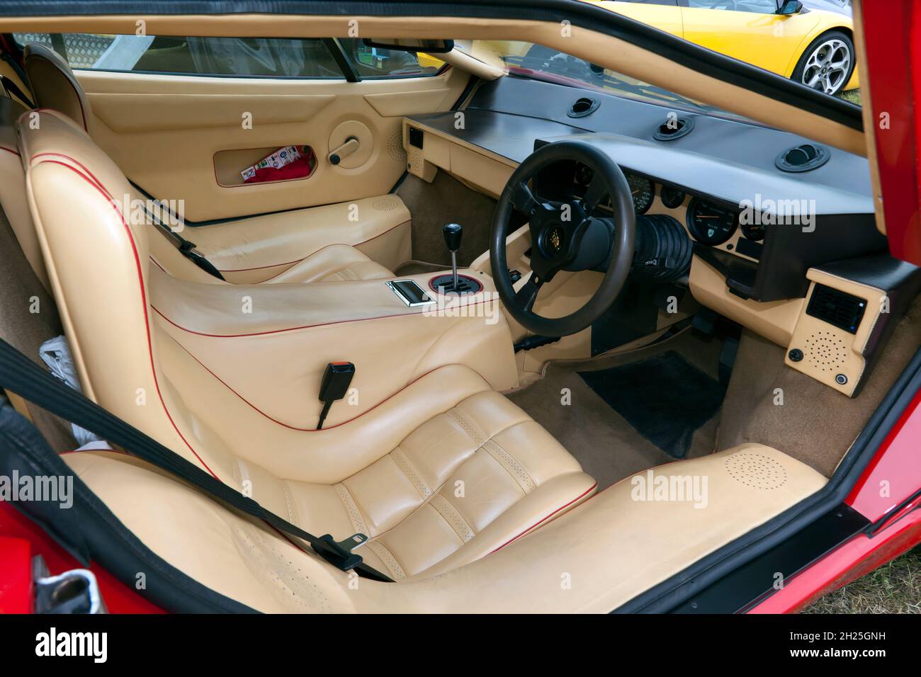 Interior view of a 1988, Red Lamborghini Countach, on display at the 2021 London Classic Car Show Stock Photo