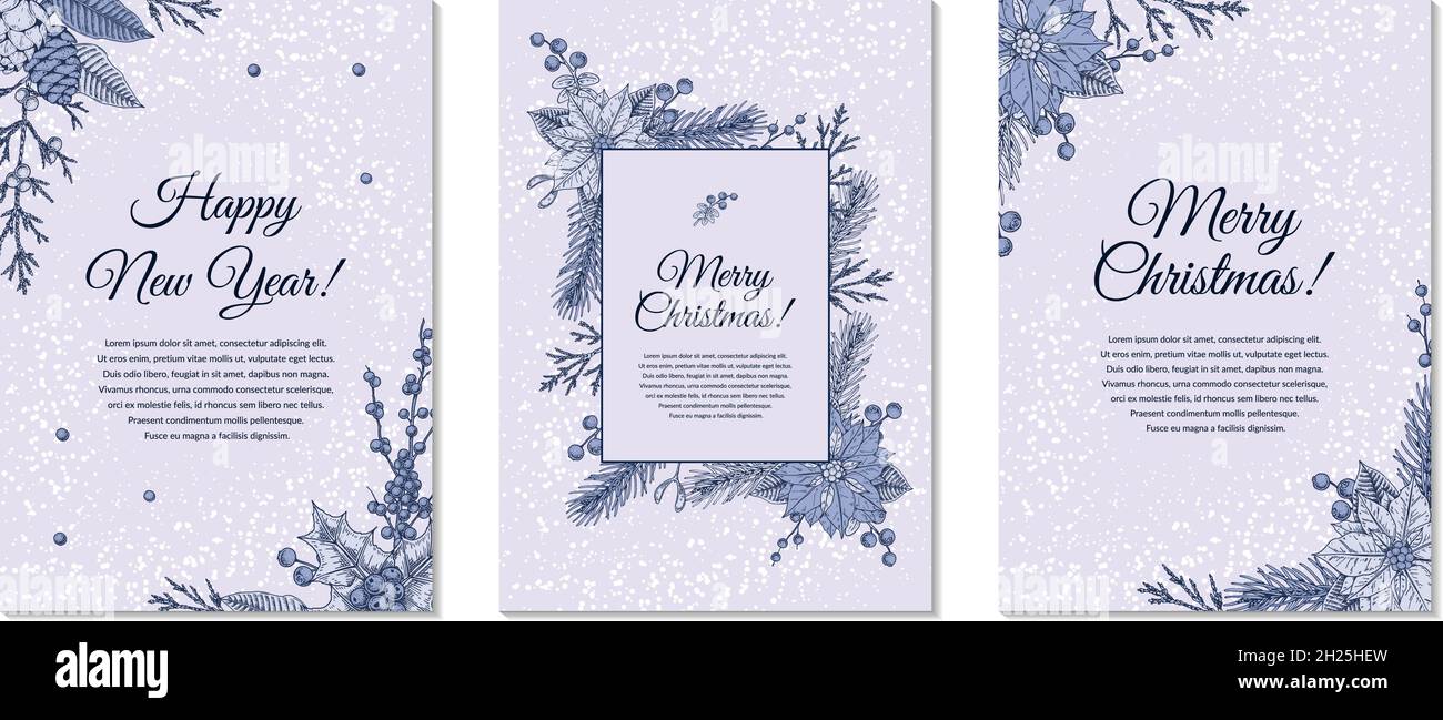 Set of vertical hand drawn Merry Christmas and Happy New Year greeting cards with Christmas tree branches and poinsettia flowers. Vintage vector illus Stock Vector