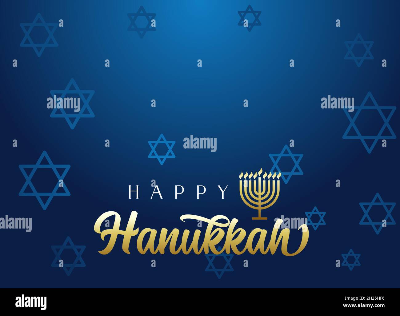 Happy Hanukkah lettering background with menorah and David stars. Vector illustration Stock Vector