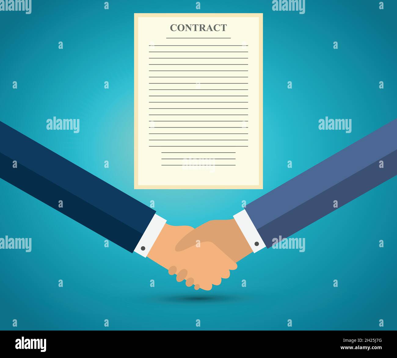Hands shaking with a paper document on which is written the text contract Stock Vector