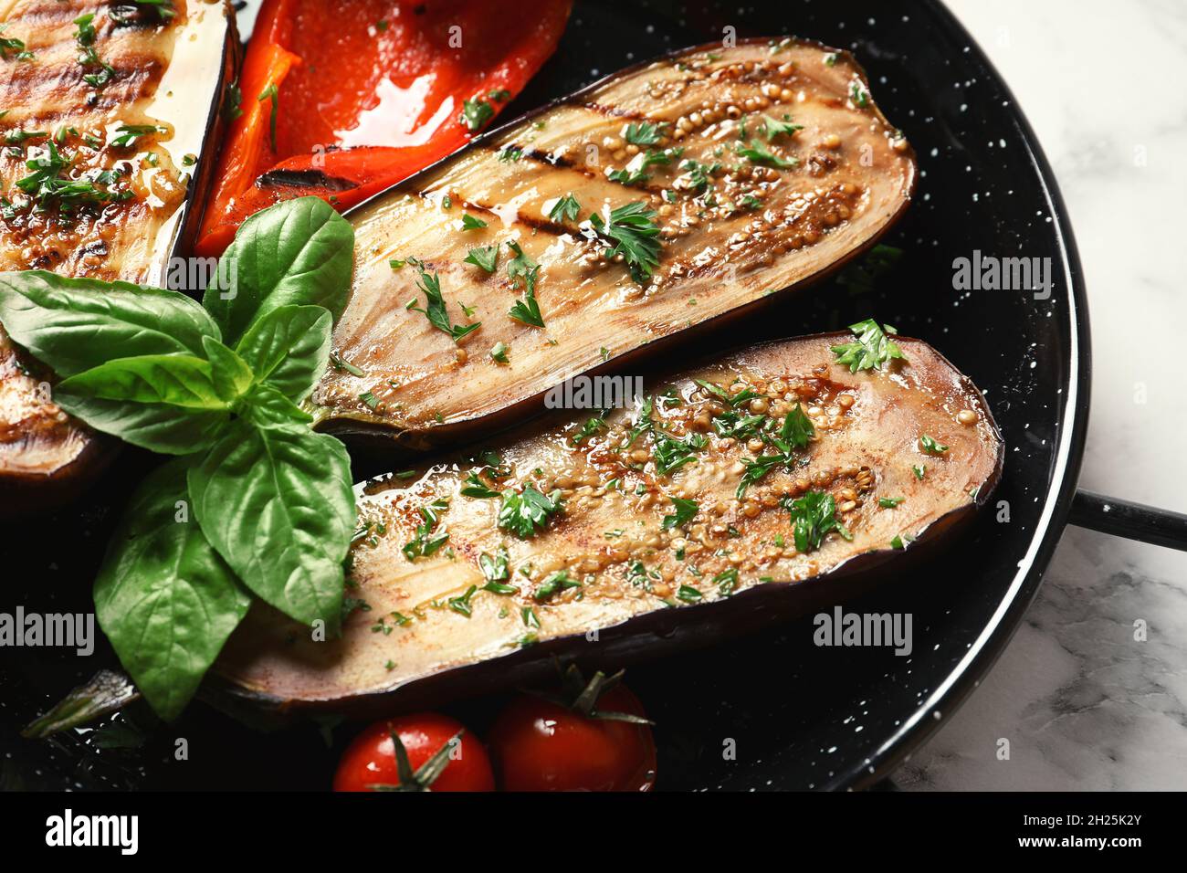 Grill pan of fried eggplants, closeup view Stock Photo Alamy