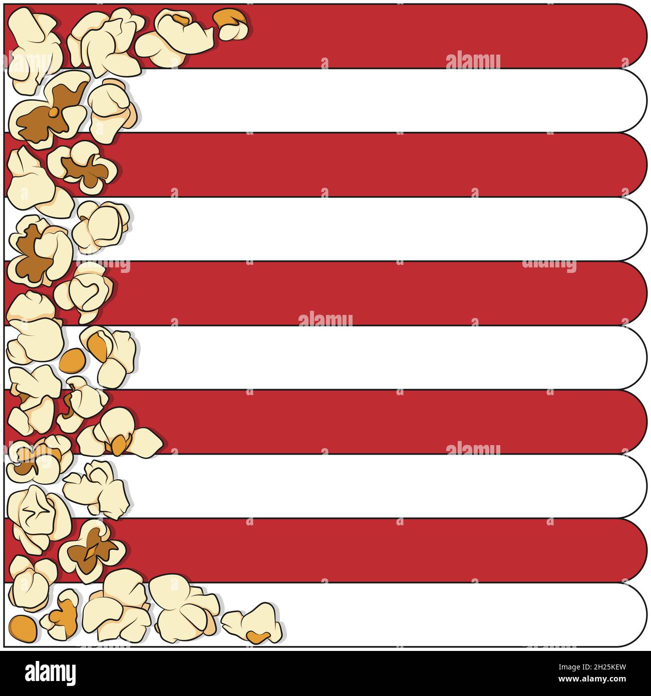 Striped background with grains of popcorn. Vector illustration with isolated objects. Stock Vector