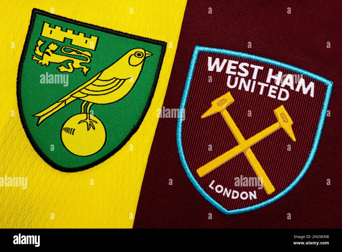 Close up of Norwich City and West Ham United club crest Stock Photo