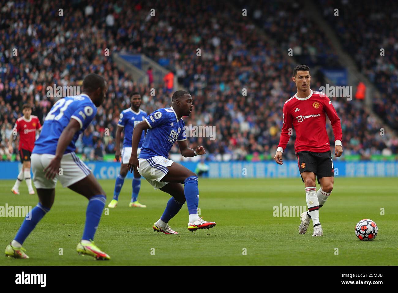 Cristiano Ronaldo of Manchester United and Boubakary Soumare of Leicester City - Leicester City v Manchester United, Premier League, King Power Stadium, Leicester, UK - 16th October 2021  Editorial Use Only - DataCo restrictions apply Stock Photo