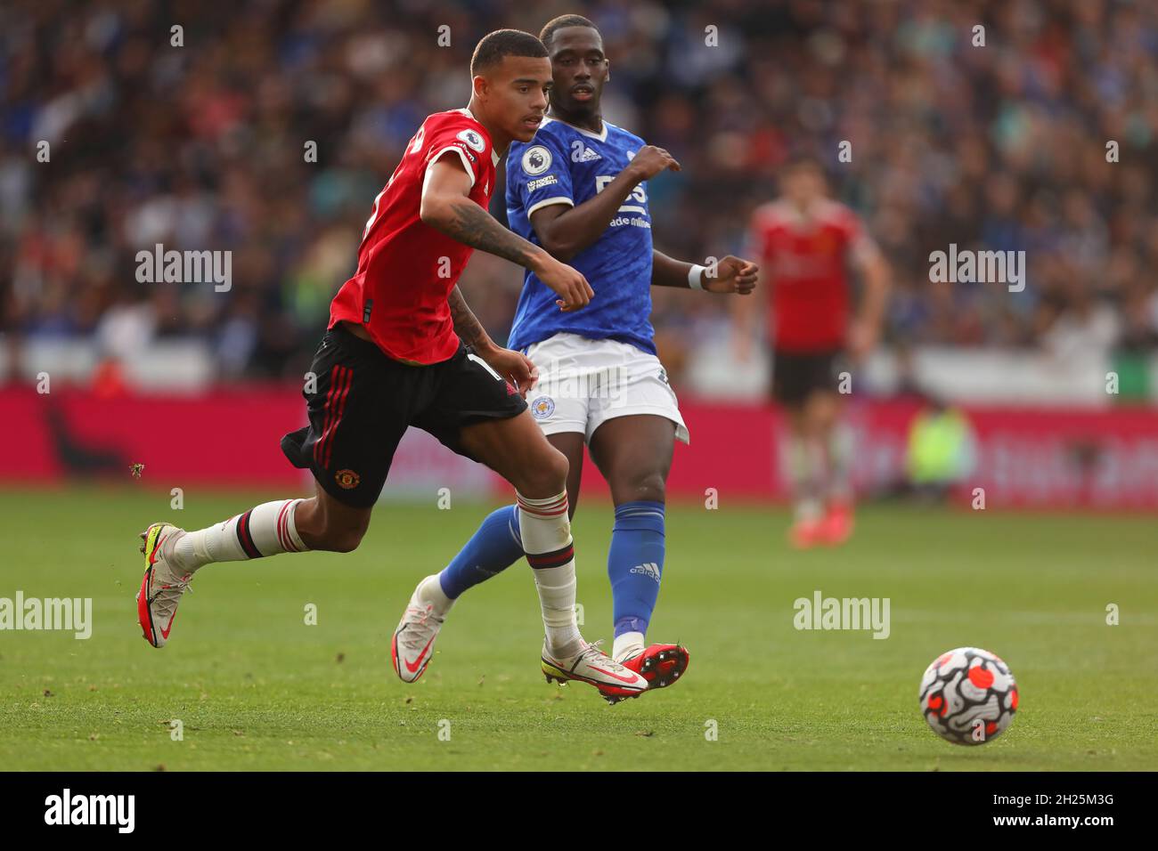Mason Greenwood of Manchester United and Boubakary Soumare of Leicester City - Leicester City v Manchester United, Premier League, King Power Stadium, Leicester, UK - 16th October 2021  Editorial Use Only - DataCo restrictions apply Stock Photo