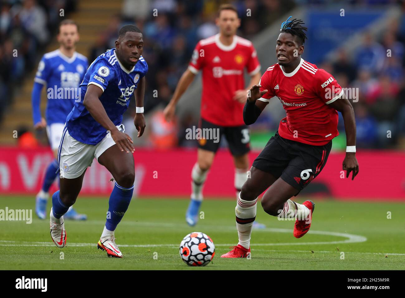 Boubakary Soumare of Leicester City and Paul Pogba of Manchester United - Leicester City v Manchester United, Premier League, King Power Stadium, Leicester, UK - 16th October 2021  Editorial Use Only - DataCo restrictions apply Stock Photo