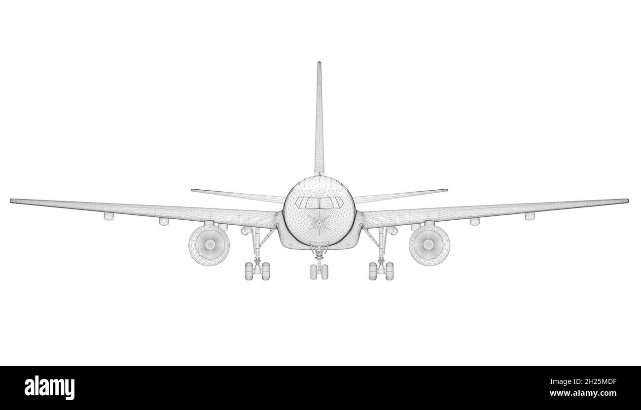 Passenger airplane wireframe isolated on white background. Front view ...