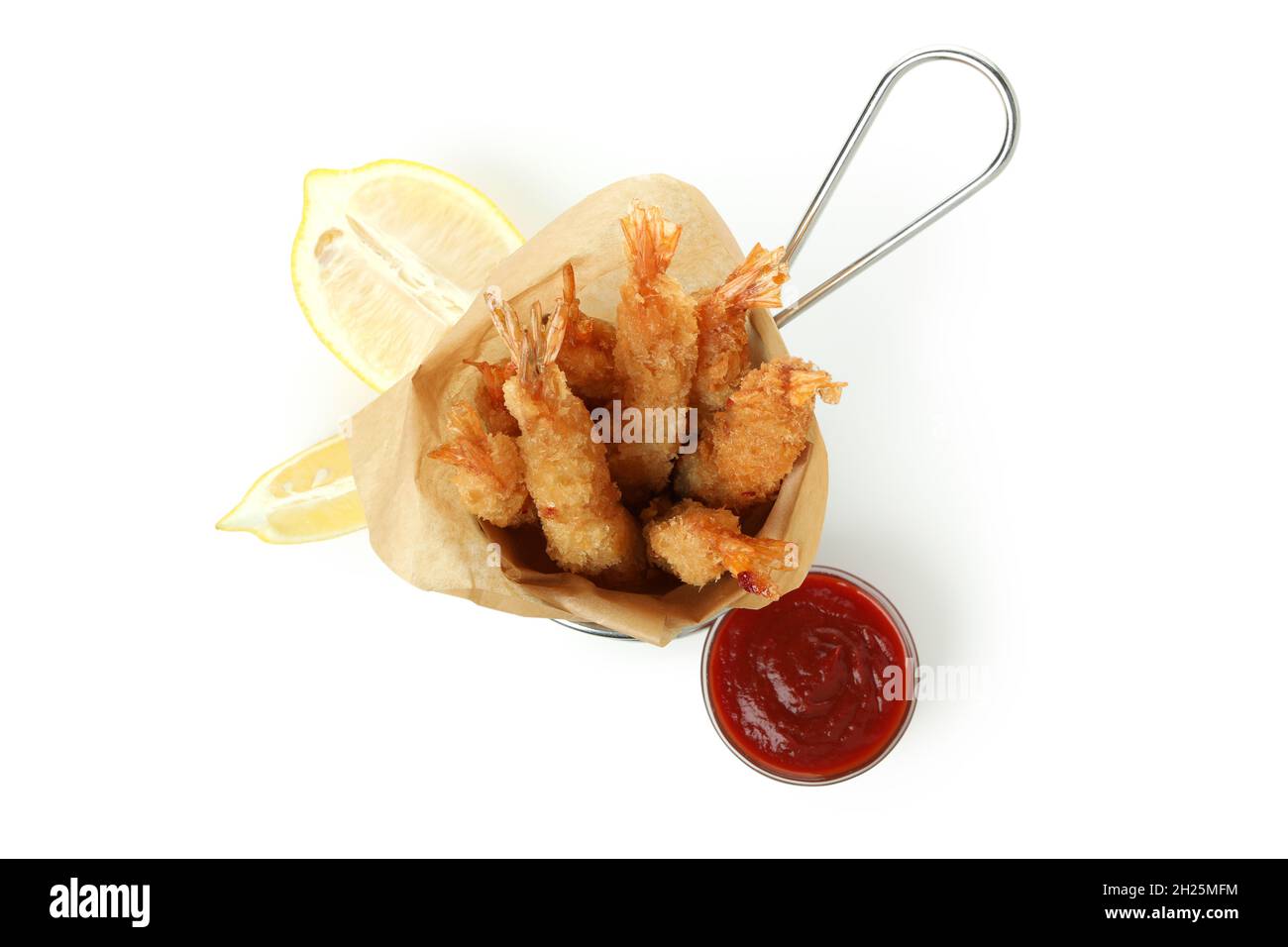 Deep-fried shrimp in deep fryer isolated on white background Stock