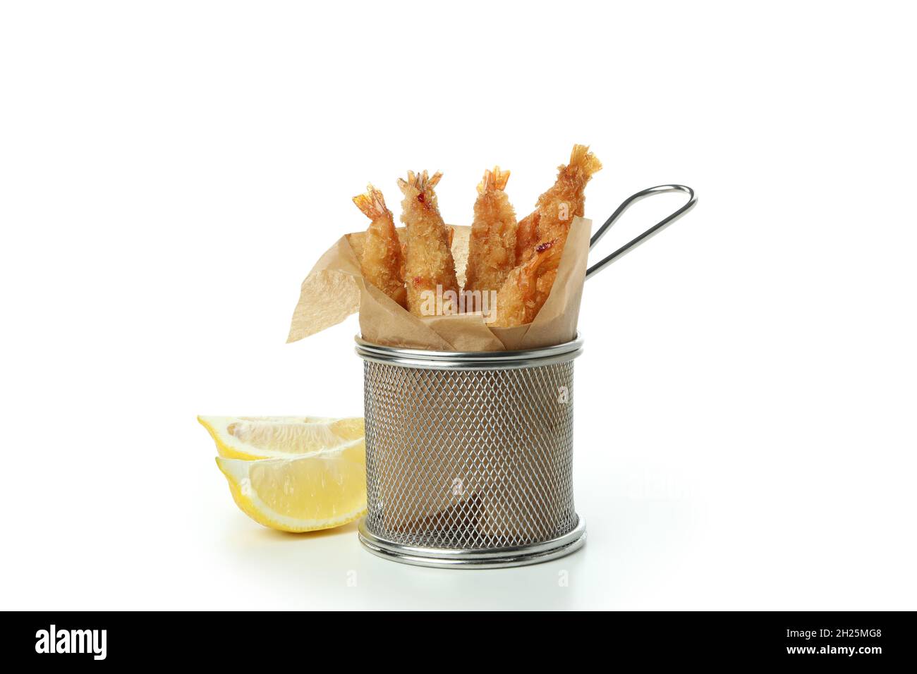 Deepfried shrimp in deep fryer isolated on white background Stock