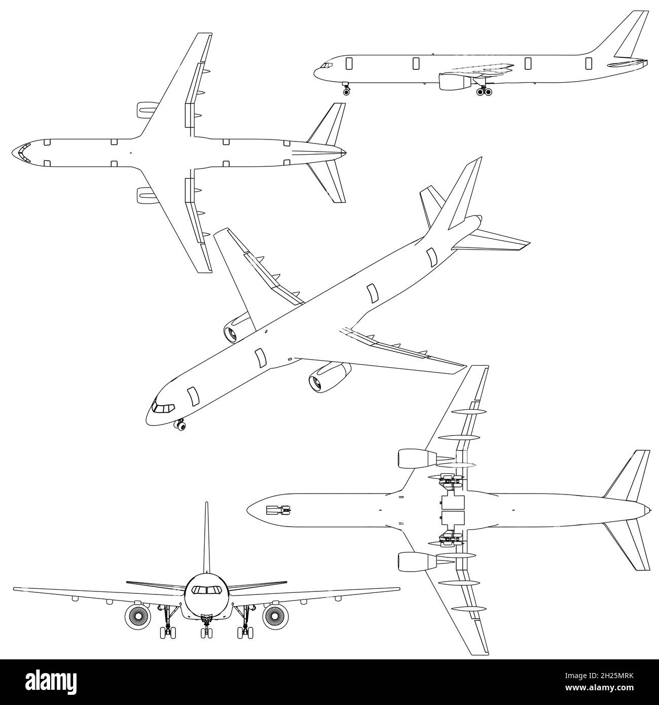 Set with the contours of a passenger plane in different positions from black lines Isolated on a white background. Five airplane contours. Vector Stock Vector