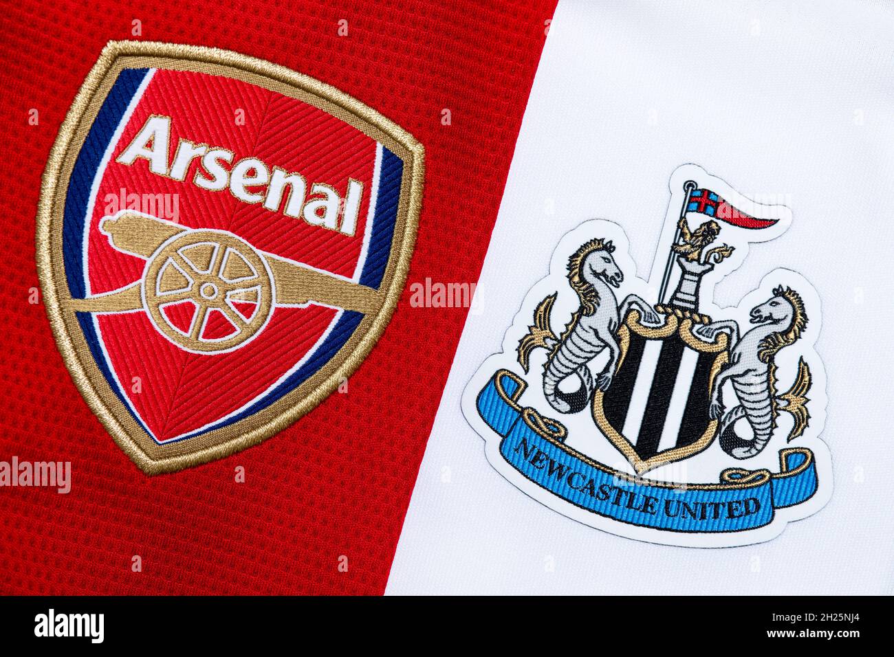 Close up of Arsenal & Newcastle United club crest Stock Photo