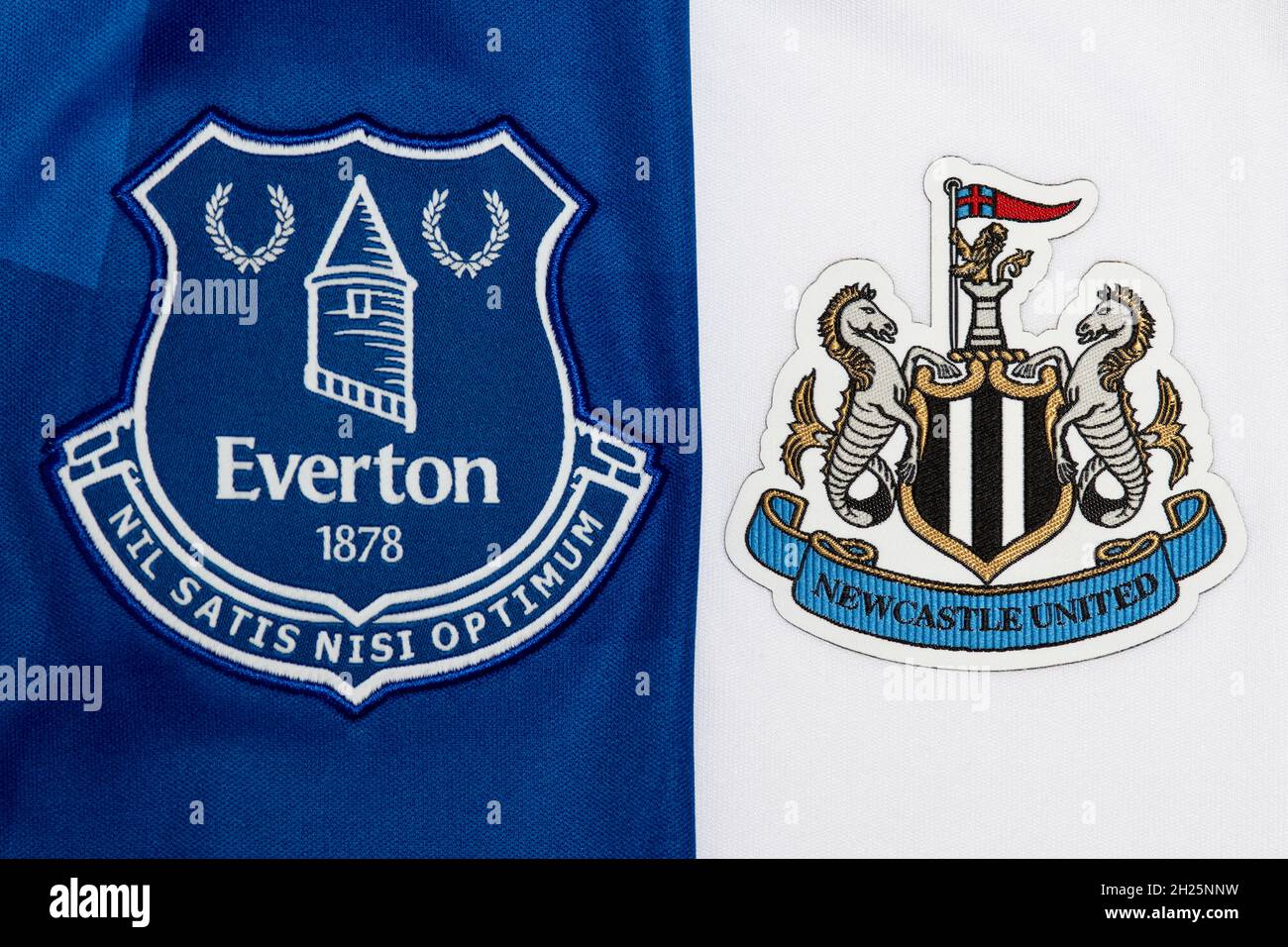 Close up of Everton & Newcastle United club crest Stock Photo