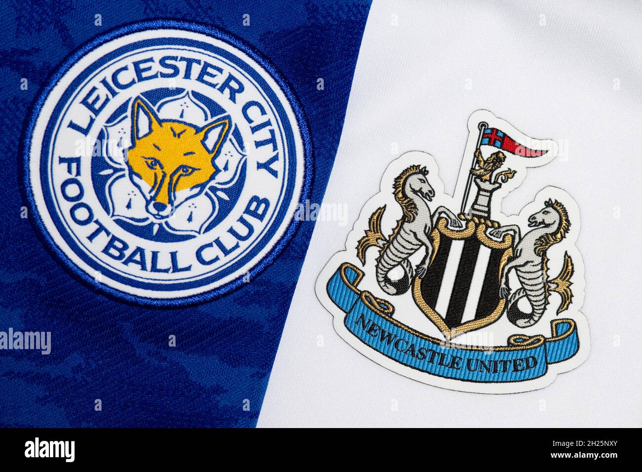 Close up of Leicester City & Newcastle United club crest Stock Photo