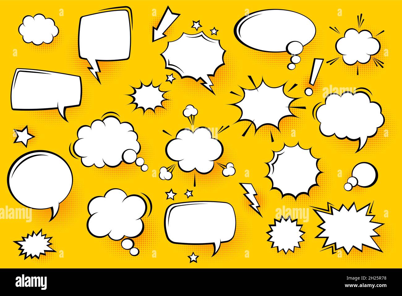 Blank comic speech bubbles with halftone shadows on yellow background ...