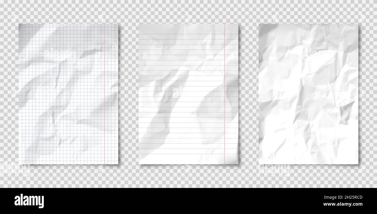 Realistic blank crumpled paper sheets in A4 format on transparent ...