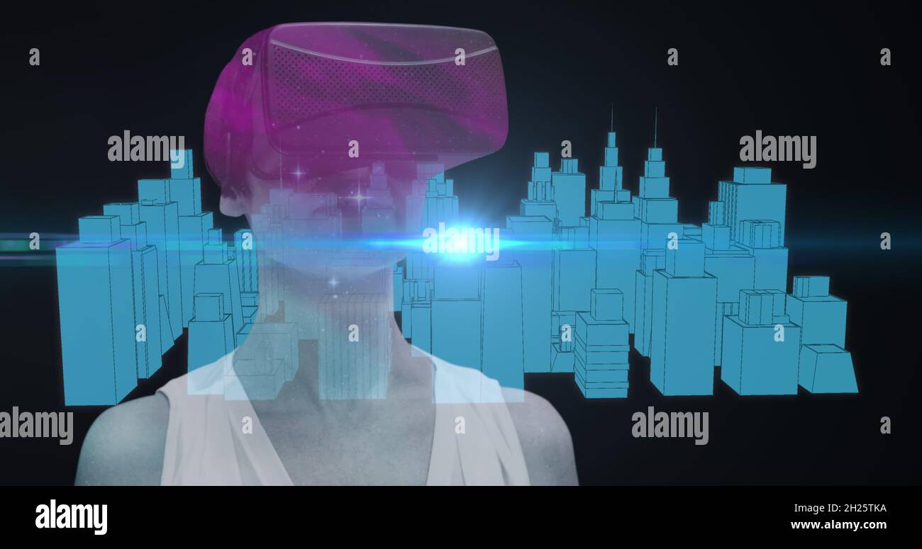 Space over woman using VR headset against 3D city model spinning Stock Photo