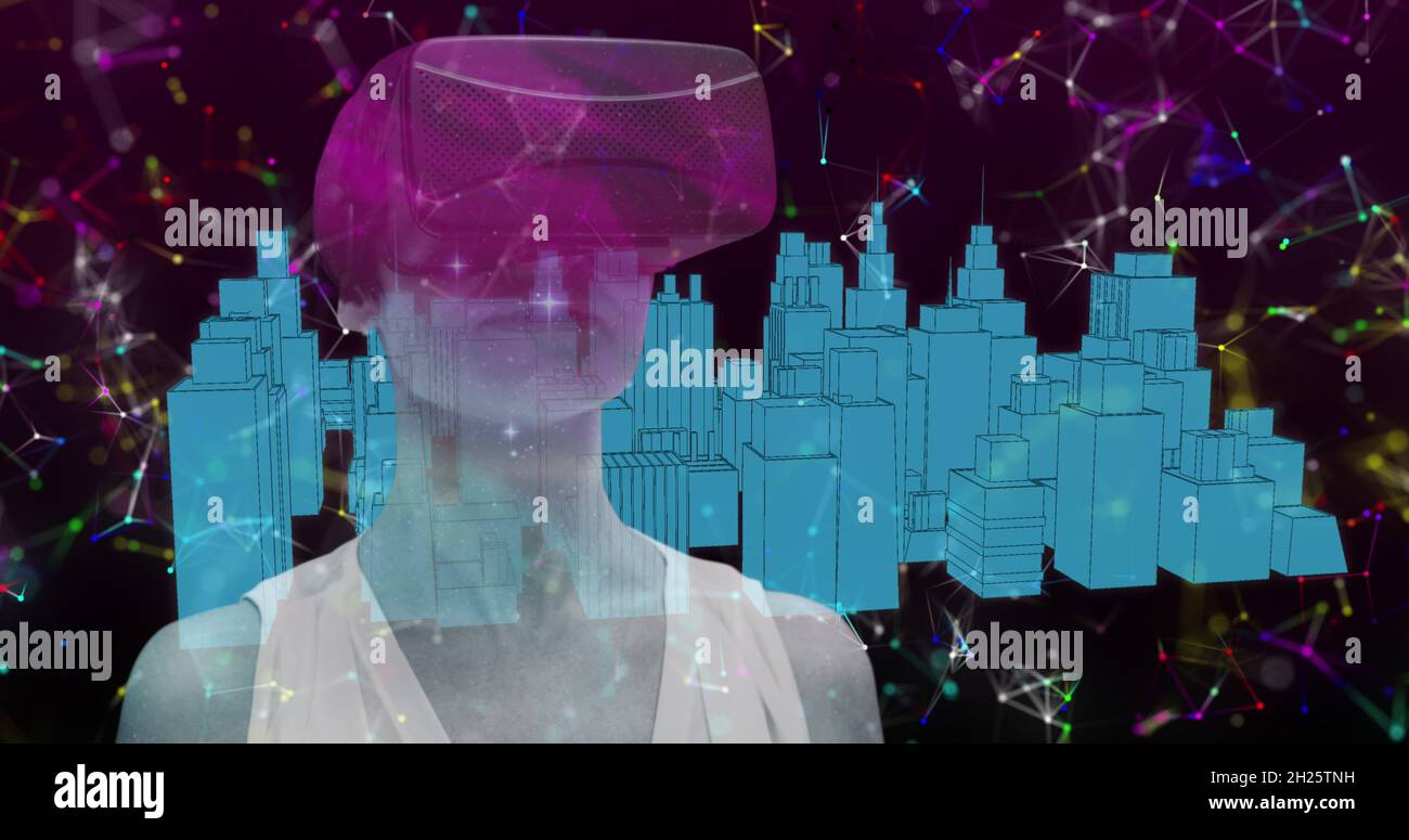 Woman using VR headset over 3D city model against network of connections Stock Photo