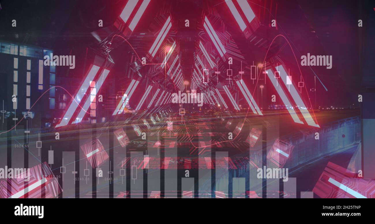 Financial data processing against glowing tunnel Stock Photo