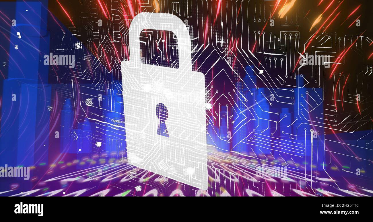 Security padlock icon over binary coding against cityscape Stock Photo
