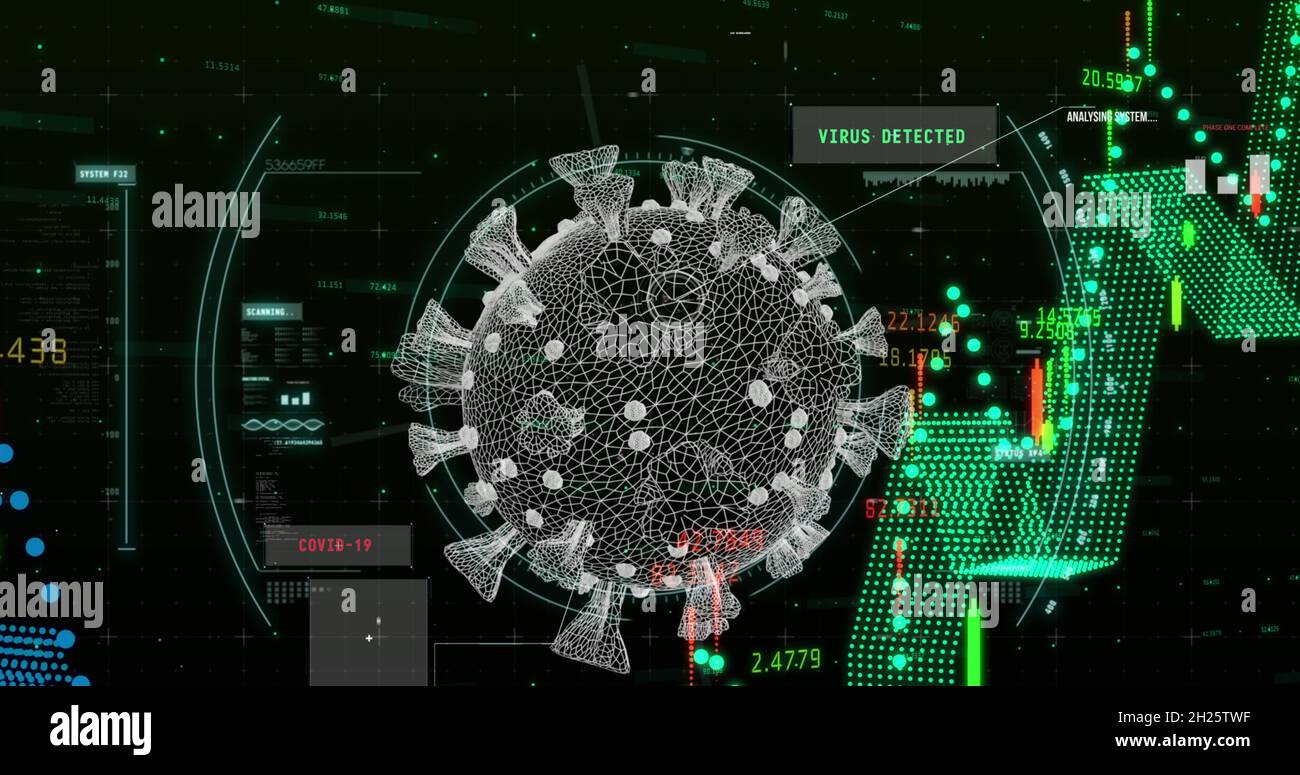 Scope scanning over Covid-19 cell against financial data processing Stock Photo