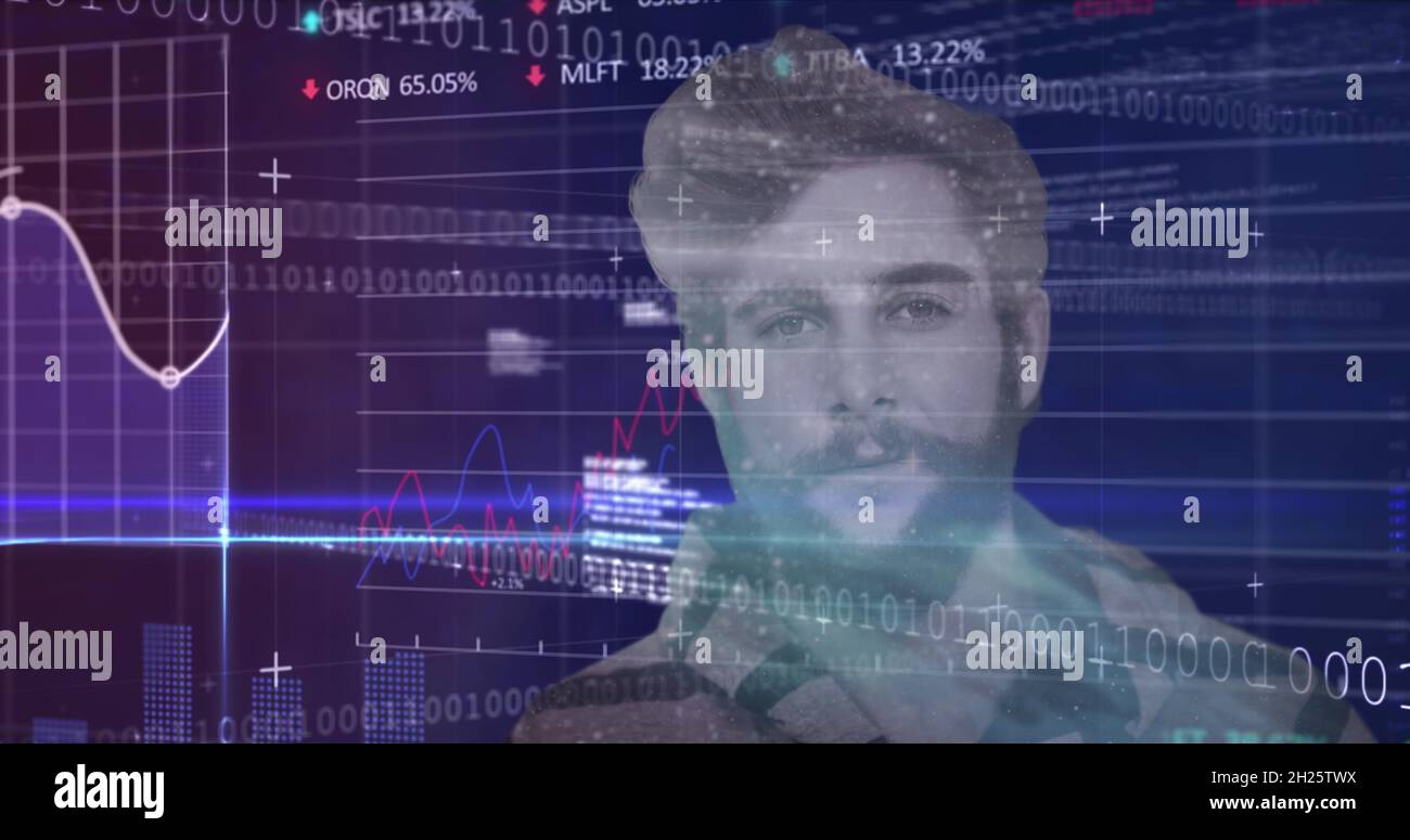 Financial data processing against man Stock Photo