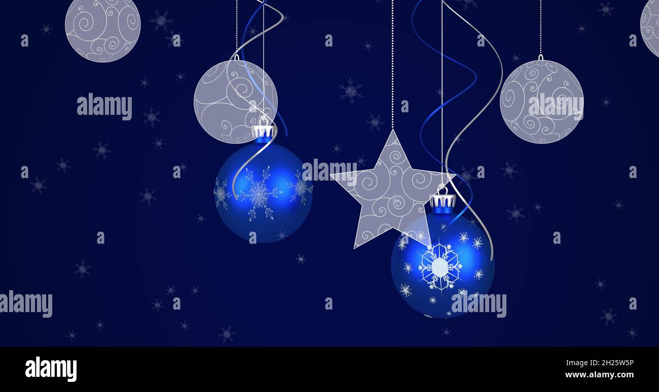 Image of baubles, stars and snow falling on dark blue background Stock ...