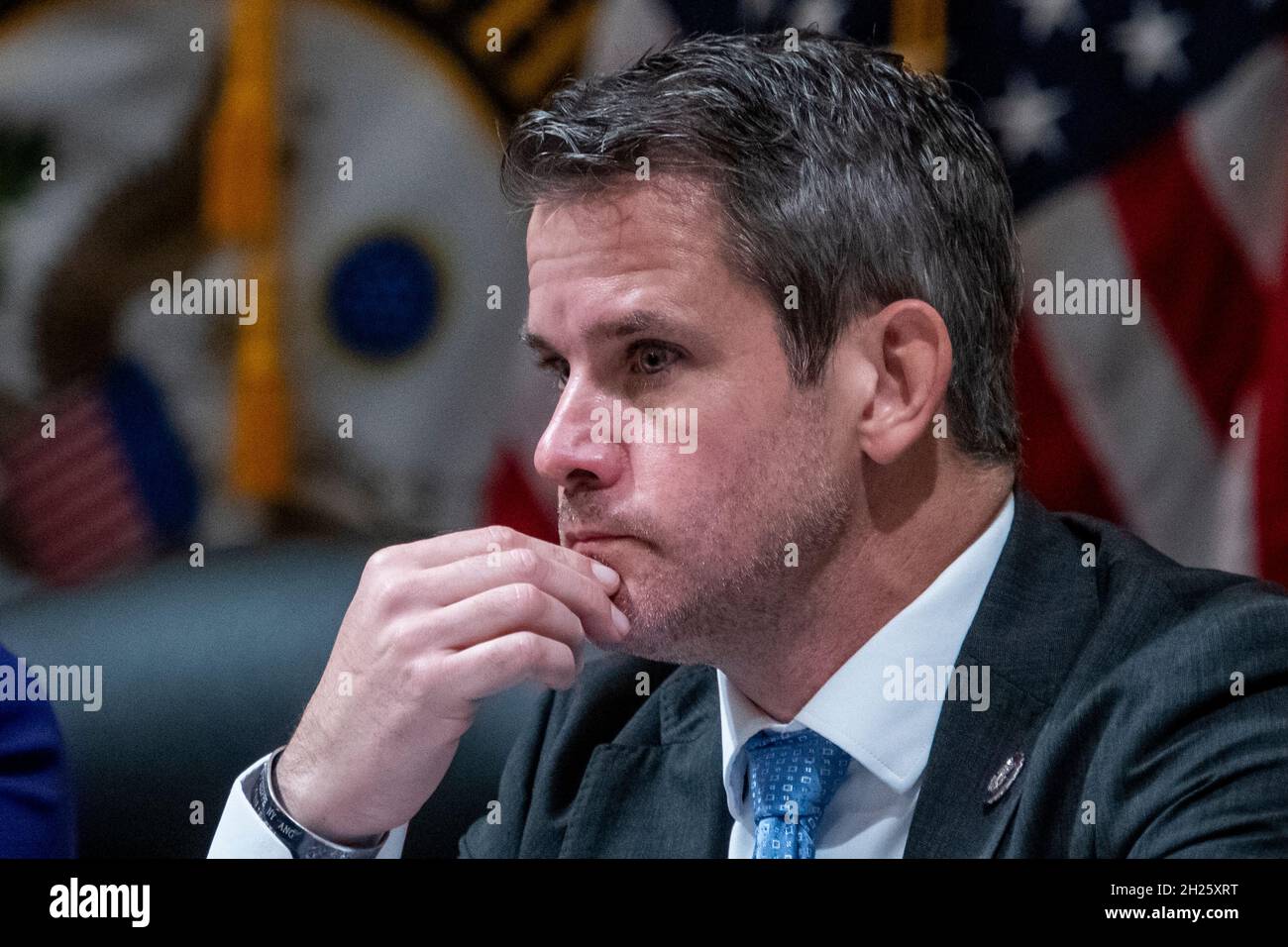 Washington, United States Of America. 19th Oct, 2021. United States Representative Adam Kinzinger (Republican of Illinois) listens as the House select committee tasked with investigating the January 6th attack on the Capitol meets to hold one of former President Donald Trump's allies in contempt, former strategist Steve Bannon in the Canon House Office Building in Washington, DC, Tuesday, October 19, 2021. Credit: Rod Lamkey/CNP/Sipa USA Credit: Sipa USA/Alamy Live News Stock Photo