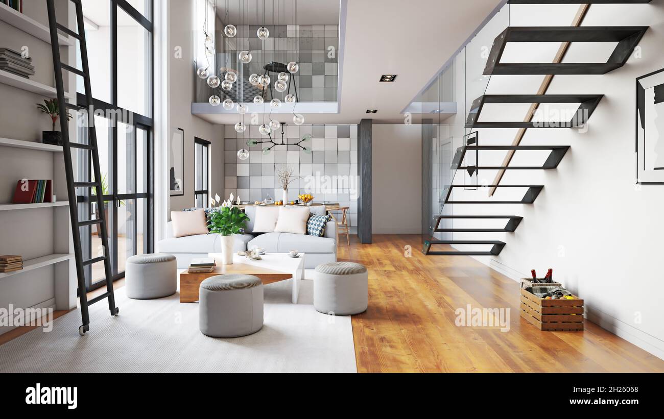 modern living interior design. 3d concept illustration Stock Photo - Alamy