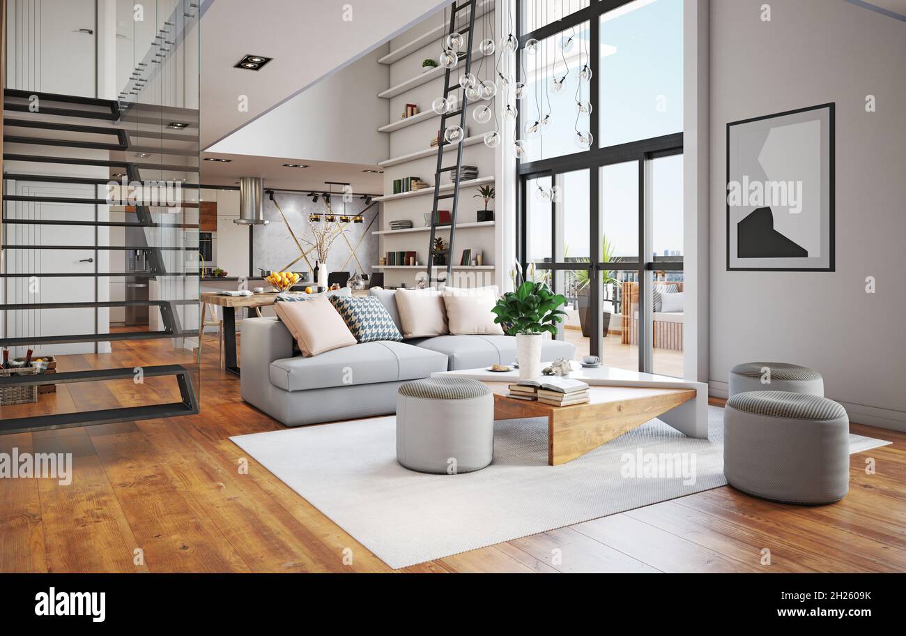 modern living interior design. 3d concept illustration Stock Photo - Alamy