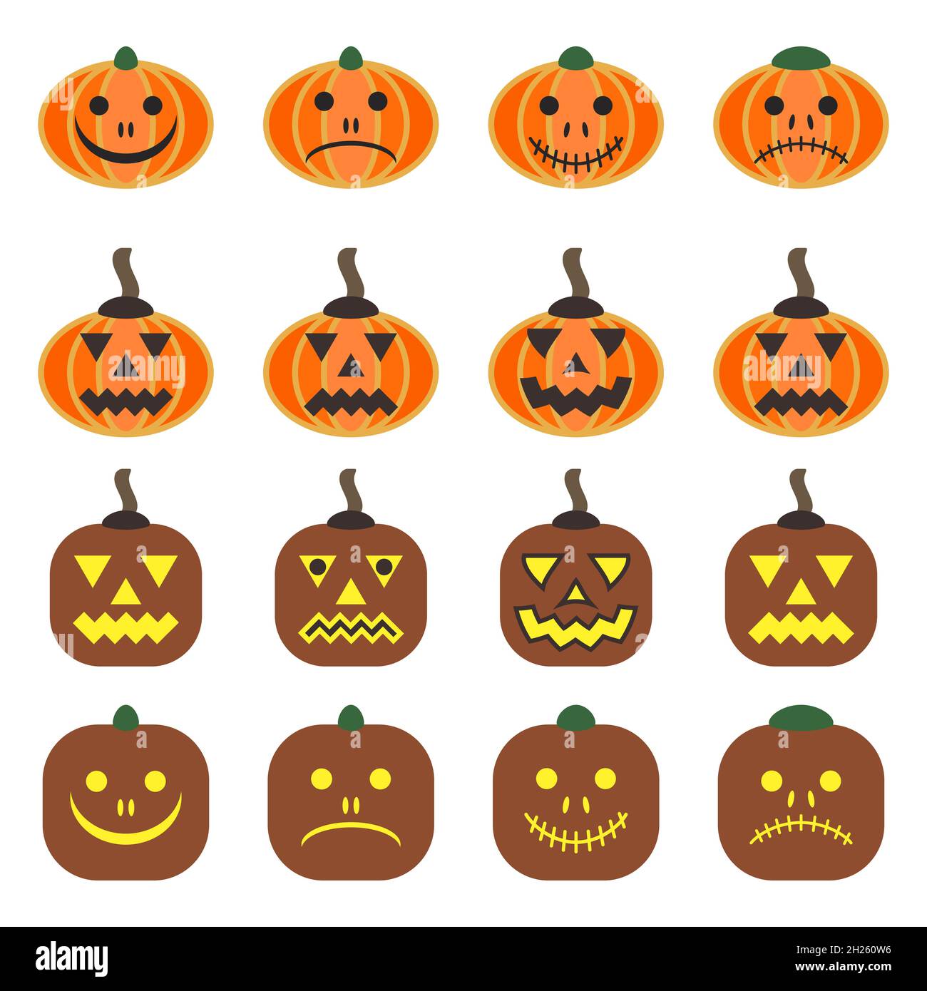 Halloween pumpkin set. Vector flat 16 icons. Emotions variations. Vegetable graphic icons with happy and scary smiles. Merry and sad grimaces. Cartoon Stock Vector
