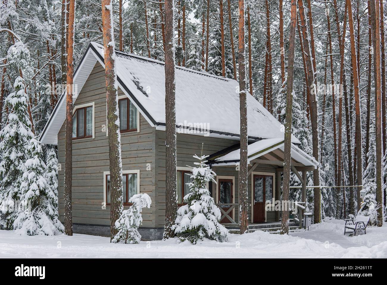 stylish gray wooden house in a snowy forest Stock Photo - Alamy