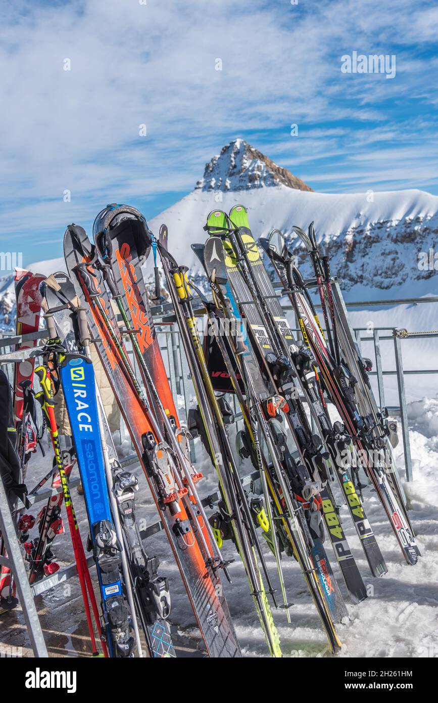 Glacier 3000, Les Diablerets, Switzerland - October 31, 2020: rental of snowboards and ski on a rack Stock Photo